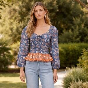 House of Harlow 1960 Small BOHO Lace up Blouse Nastassia Blue